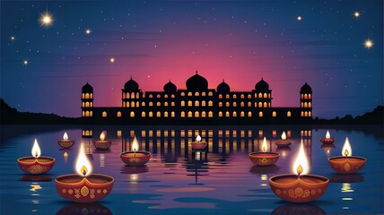 Floating Diyas on Water Reflecting Palace at Night.