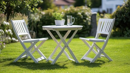 White folding patio furniture set on green grass