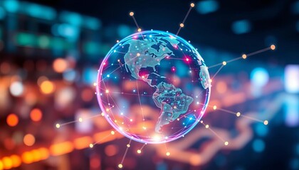 Abstract digital globe, glowing connections, blurred background, futuristic tech, global network, dynamic light,  data,  light effects