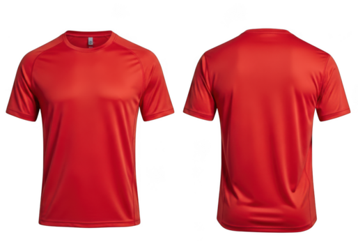 Front and back view of a bright red short sleeved athletic t shirt isolated on transparent background - Powered by Adobe