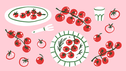 Tomato vine hand drawn vector illustration set. Red cherries on the plate. Italian food dinner menu. © lanastace