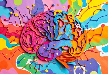 Vibrant paper-cut brain, diverse neural pathways, interconnected nodes, colorful lines, abstract shapes,  abstract,  complexity