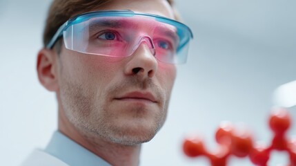 A scientist wearing augmented reality glasses analyzing molecular models in a futuristic laboratory