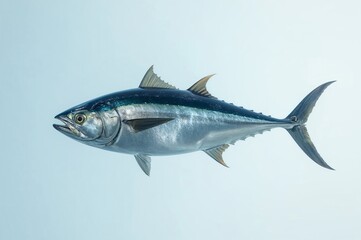 Studio shot of tuna fish against light blue background