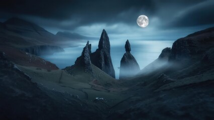 Moonlit Sentinels: Jagged Rock Pinnacles Rise from Misty Scottish Highlands