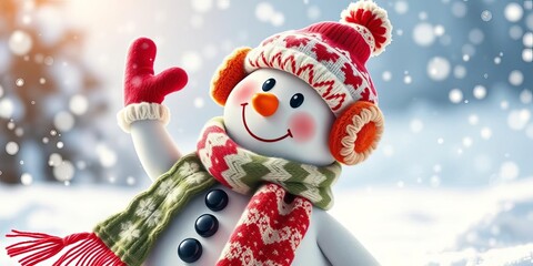 Jolly snowman in cozy earmuffs and knitted scarf, playfully posing amidst sparkling snow,   holiday season,   december
