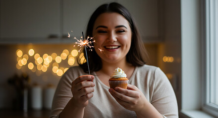 Plus-size young woman smiling while holding cupcake with sparkler indoors  
