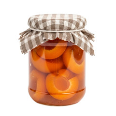 Canned peaches in glass jar with checkered fabric lid homemade fruit preserves food storage kitchen pantry on transparent background