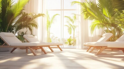 Fototapeta premium White lounge chairs with palm trees in bright sunlit indoor room