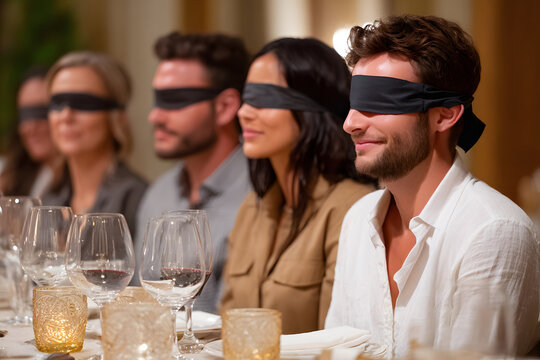 Guests participate in a blind tasting led by a sommelier, blindfolded