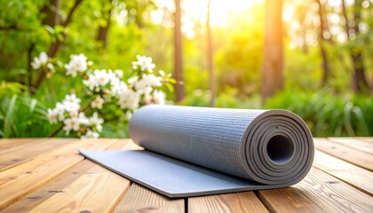 Yoga mat rolled on wooden deck, nature bokeh