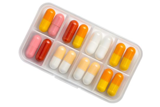 A white pill organizer filled with various colorful capsules and tablets isolated on transparent background