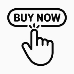 Flat black hand clicking buy button icon on white background, ideal for ecommerce websites, online checkout systems, and shopping platforms.