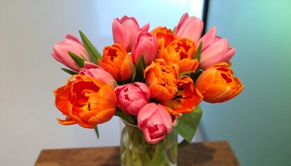 Obraz premium A Vibrant Bouquet of Pink and Orange Tulips in a Glass Vase.