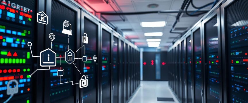 Server room background with ICT, IoT, and telecommunication icons depicting network infrastructure,  software,  infrastructure - Powered by Adobe