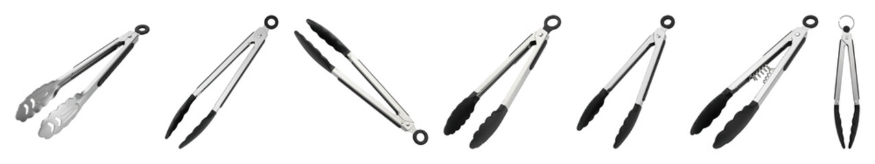 Stainless steel and silicone kitchen tongs set including various open and closed positions isolated. Cooking utensil collection.