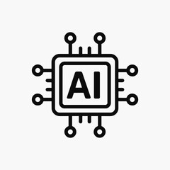 Black AI microchip icon with circuit extensions in flat vector style, white background, perfect for AI apps, machine learning platforms, and IT innovation tools.