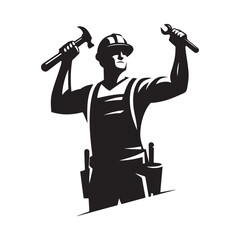 construction worker vector silhouette clip art logo design illustration. construction tools with worker icon set collections