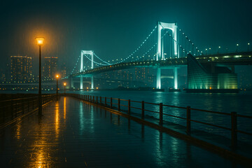 Fototapeta premium Rainy night boardwalk with glowing orange lamps and illuminated suspension bridge over city river skyline 