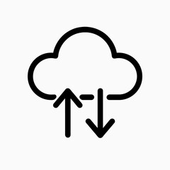 Flat black cloud with upload and download arrows icon on white background, ideal for apps, IT dashboards, and cloud-based platforms.