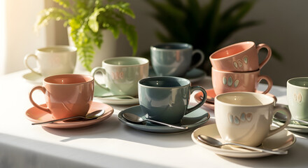 Fototapeta premium Stacked pastel ceramic teacups and saucers in warm sunlight — cozy tea set still life for home decor, lifestyle blogging, and tableware product images