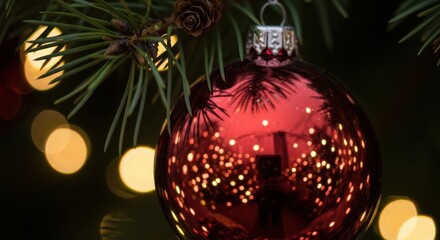 Obraz premium Festive Red Christmas Ornament Reflecting Twinkling Lights and Pine Needles