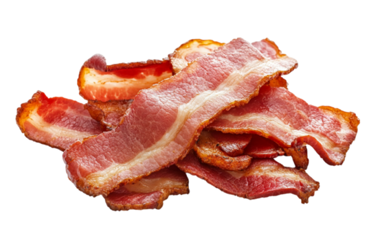 Pile of raw bacon strips isolated on transparent background