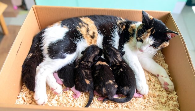 Mother cat nursing kittens in cardboard box