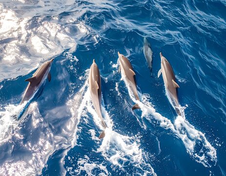 A group of playful dolphins leap and frolic in the deep blue ocean, creating a dynamic display of marine life.