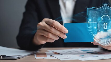 Business professional holding a credit card with a digital security shield overlay in an office setting - Powered by Adobe