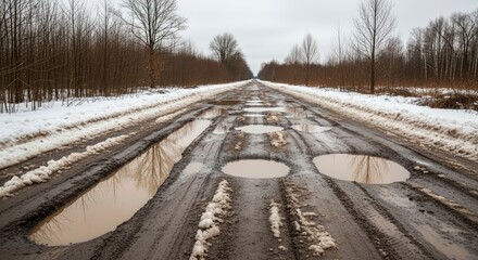 A mud road with many waterfilled potholes flanked by snow and bare trees under an overcast sky