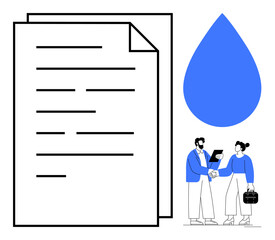 Collaboration scene with handshake, contract document, and blue water drop. Ideal for business deals, sustainability, partnerships, agreements, eco-consciousness teamwork and minimalism. Simple
