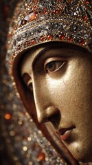 Ancient Icon Closeup Mary Face Gemstone Gold Silver Red Black Craft