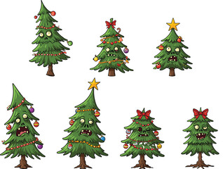 Funny Christmas Trees with Cartoon Faces, Holiday Expressions, Festive Decorations, Cute Ornaments, Whimsical Characters for Seasonal Vector Design