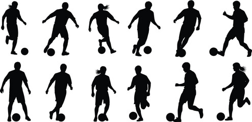 Silhouettes of Soccer Players Dribbling and Running with Footballs Isolated on White Background – Vector Illustration for Sports Design