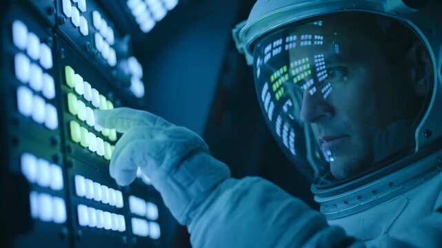 Astronaut Operating Spacecraft Controls - Close-up view of an astronaut's gloved hand pressing illuminated buttons on a control panel inside a spacecraft.