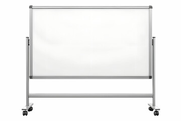 A clean white dry erase board on a silver metal stand with wheels isolated on transparent background