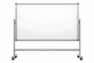 A clean white dry erase board on a silver metal stand with wheels isolated on transparent background