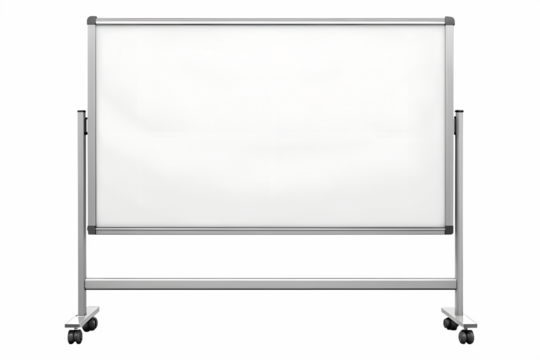 A clean white dry erase board on a silver metal stand with wheels isolated on transparent background