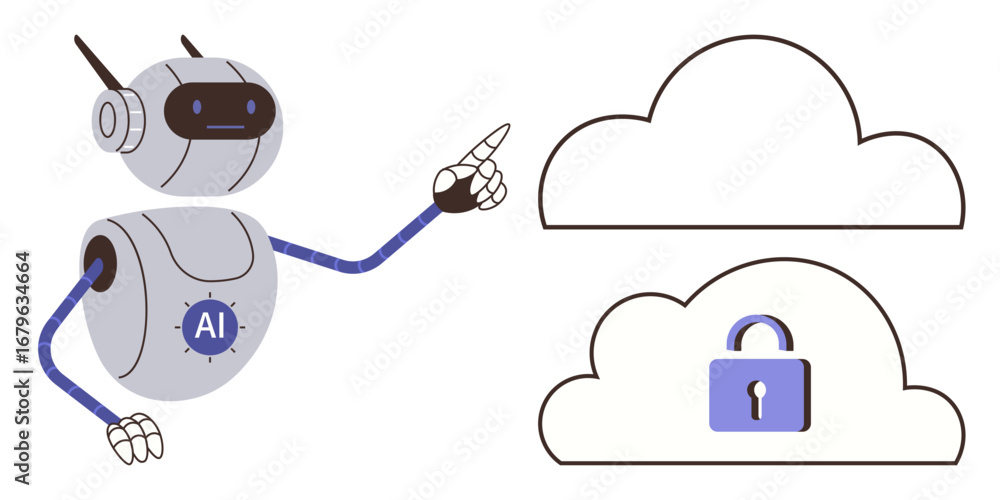 Aufkleber ai robot gestures towards two cloud icons, one with a lock symbol, emphasizing data security. ideal 