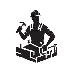 construction worker vector silhouette clip art logo design illustration. construction tools with worker icon set collections