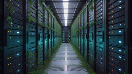 Green Server Room Aisle With Plants and Colorful Lights.