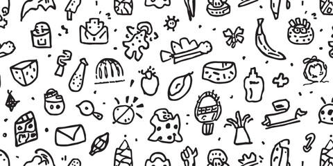 Naklejka premium Whimsical Hand Drawn Doodle Pattern Featuring Food Animals and Objects a Playful and Fun Seamless Design