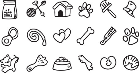 Doodle Style Pet Icons Collection Hand Drawn Pet Supplies and Animal Related Objects Vector Illustration