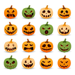 Set pumpkin on white background. The main symbol of the Happy Halloween holiday. Multicolored pumpkins with smile for your design for the holiday Halloween. Vector illustration.