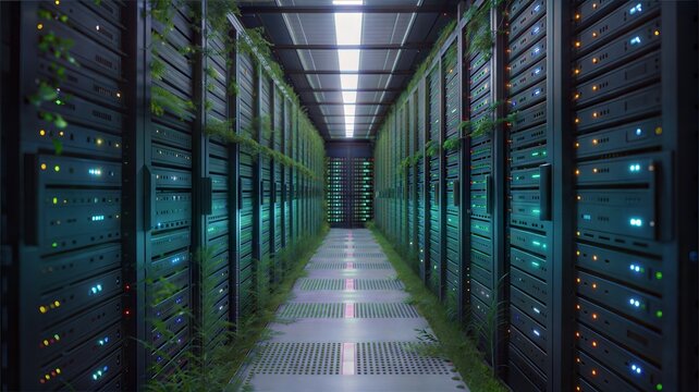 Green Server Room Aisle With Plants and Colorful Lights.