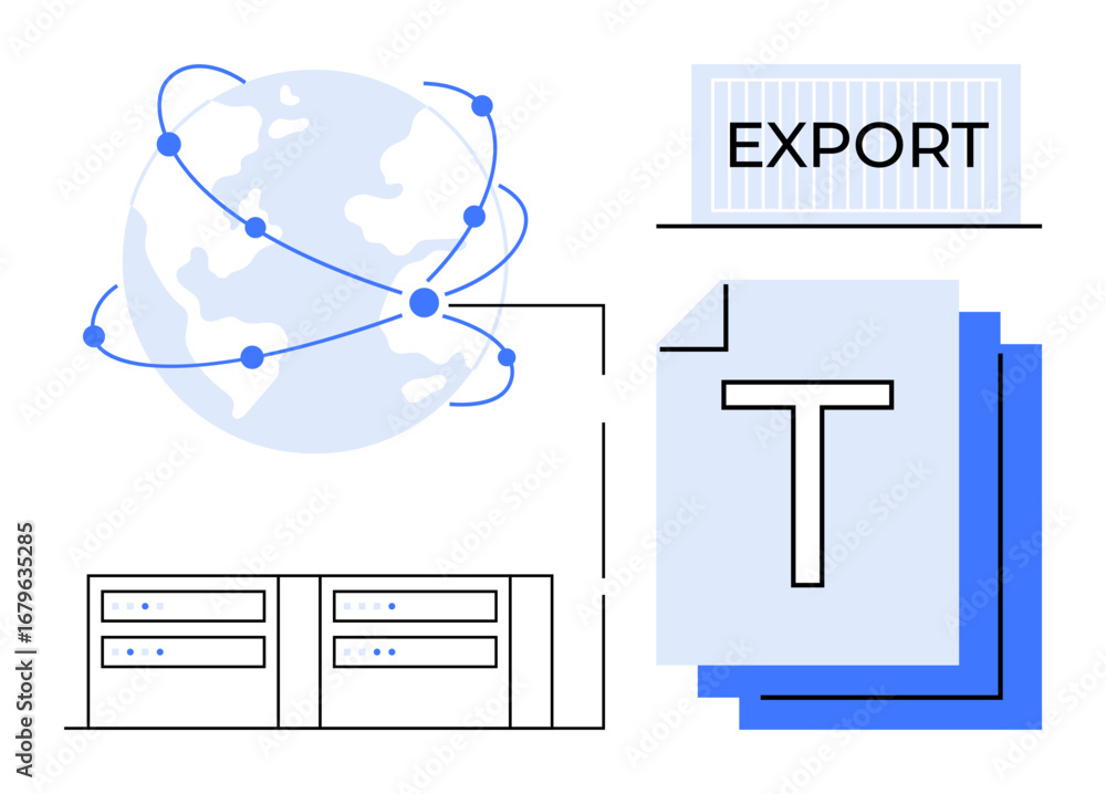 Aufkleber globe with connected nodes, export container, servers, and document stack symbolizing data sharing, 