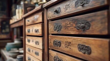 Wooden textured drawers in traditional Chinese herbal medicine shop