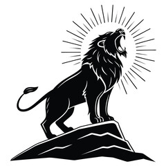 Lion roaring into glowing storm silhouette