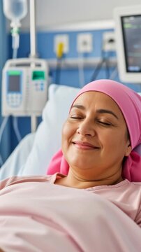 Optimistic Latin Woman cancer survivor in a Hospital Bed with a Pink Headscarf